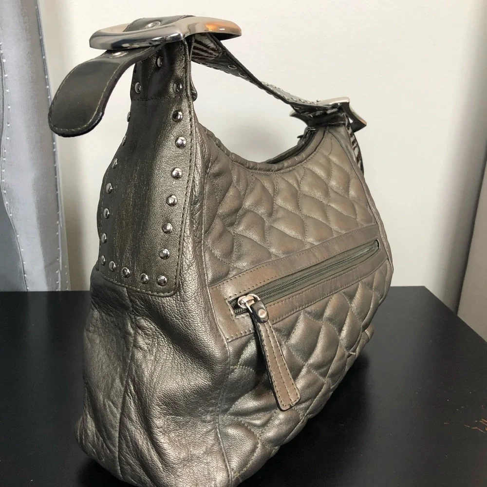 Quilted Metallic Hobo Shoulder Bag in Bronze